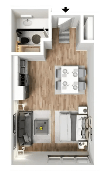 a stylized floor plan with a bedroom and a bathroom