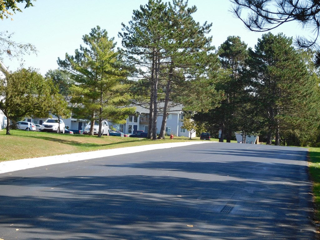 a street with houses and trees on the side of it