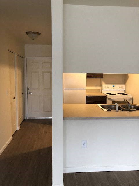 an empty kitchen with a stove and a sink