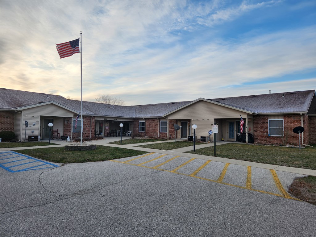 a building with a flag in front of it