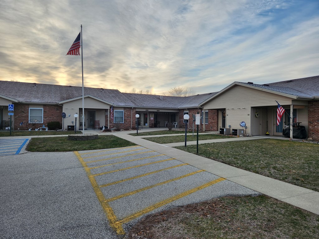 a building with an american flag in front of it