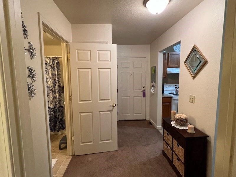 a hallway with two doors and a dresser