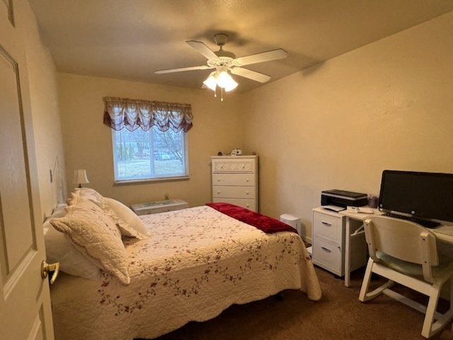 a bedroom with a bed a desk and a window