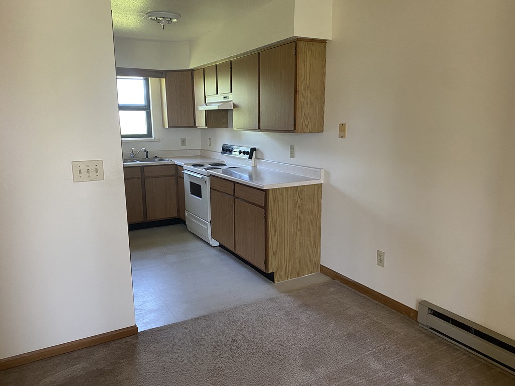 an empty kitchen with wooden cabinets and a stove and a sink