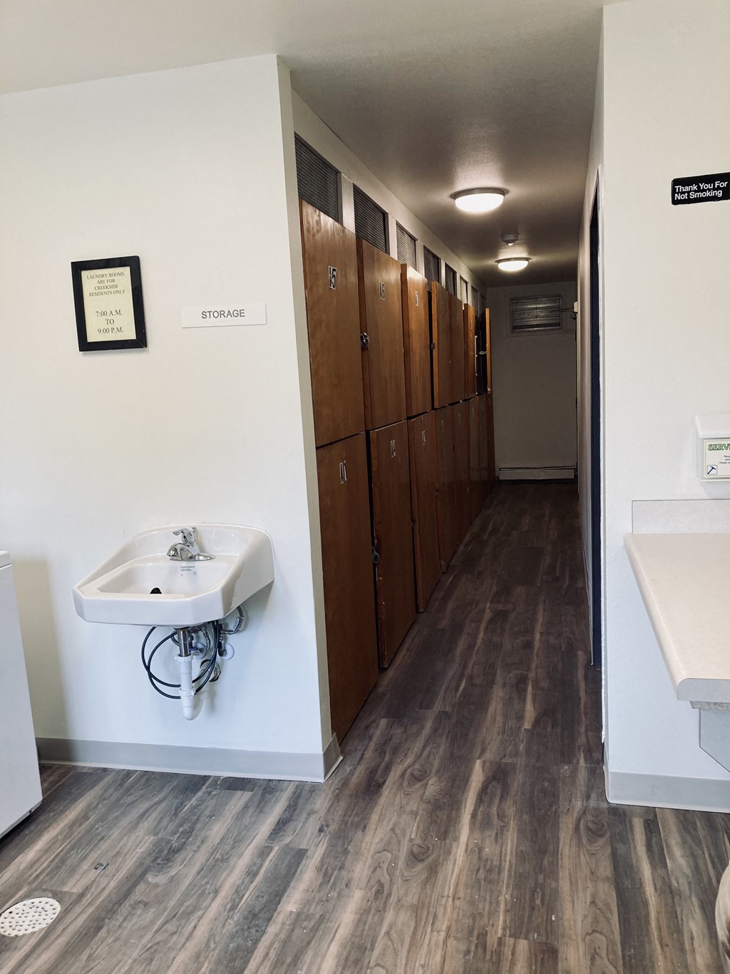 a bathroom with a sink and a row of wooden cabinets