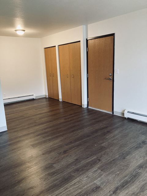 an empty living room with wood flooring and three doors