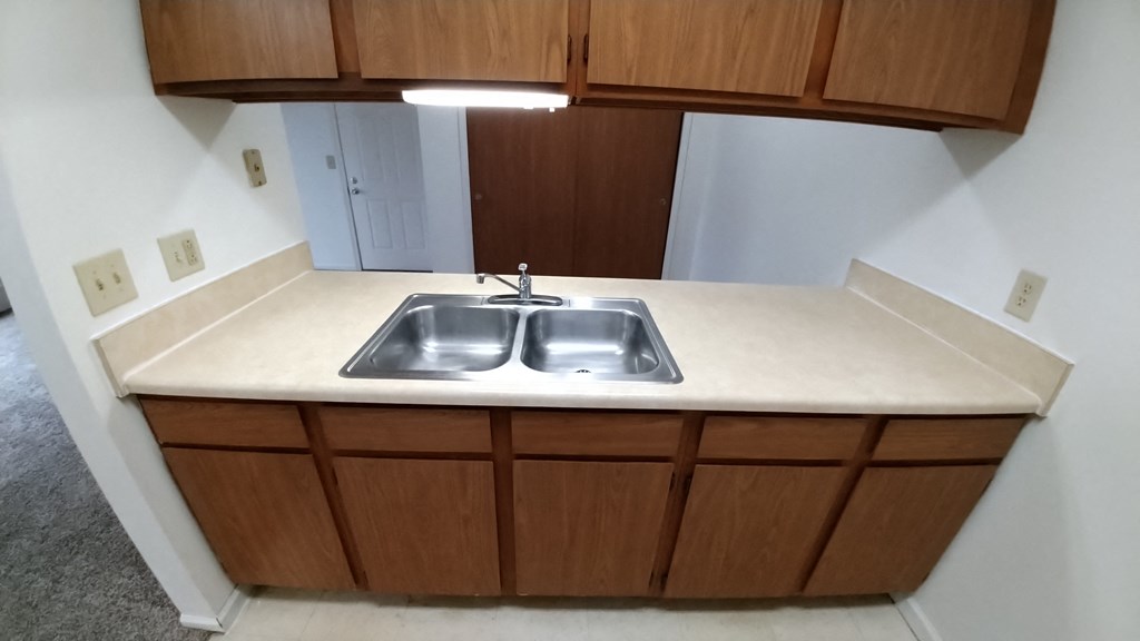 a kitchen with a sink and cabinets