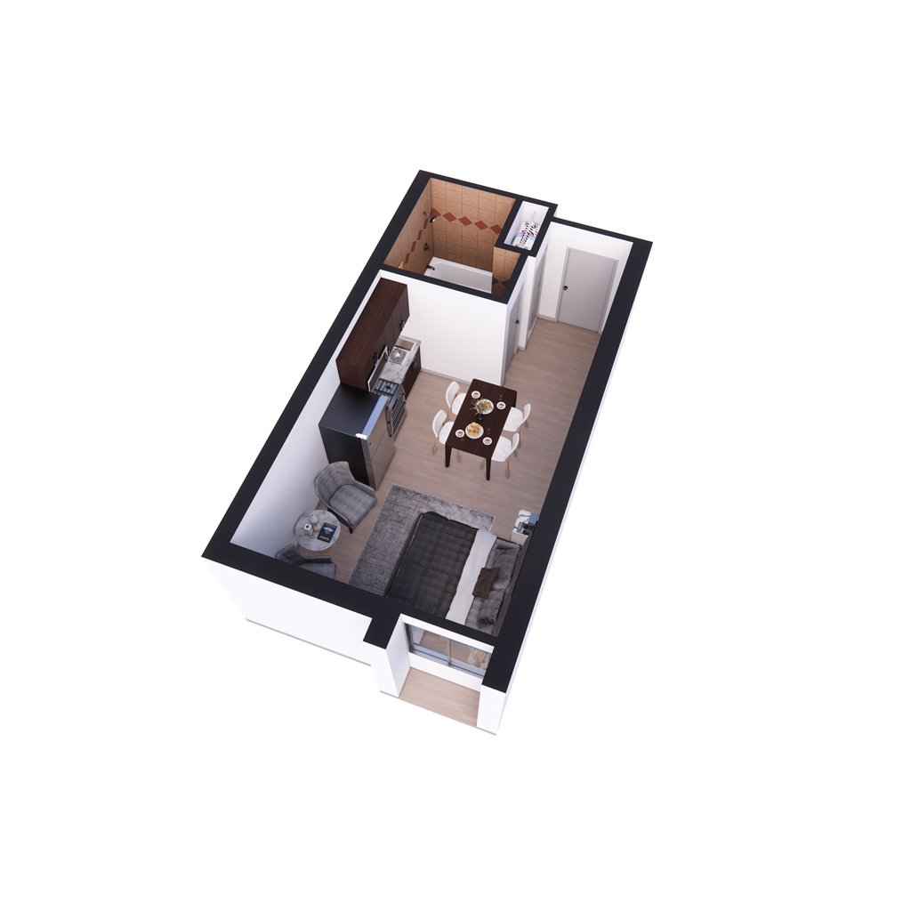 a studio apartment with a bedroom and a living room at The Block at Sterling Heights, Sterling Heights, Michigan