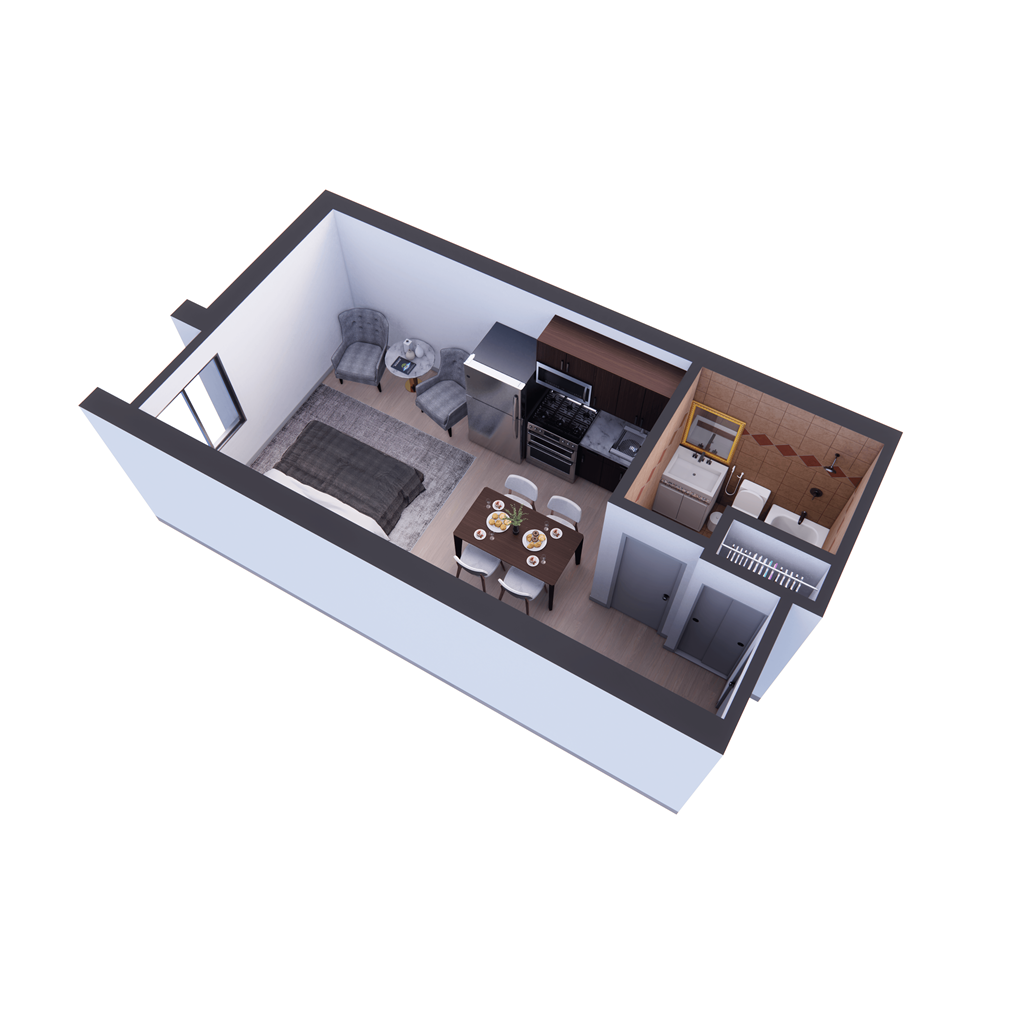 a floor plan of a small apartment with a dining room table and a living room with a at The Block at Sterling Heights, Sterling Heights, 48312