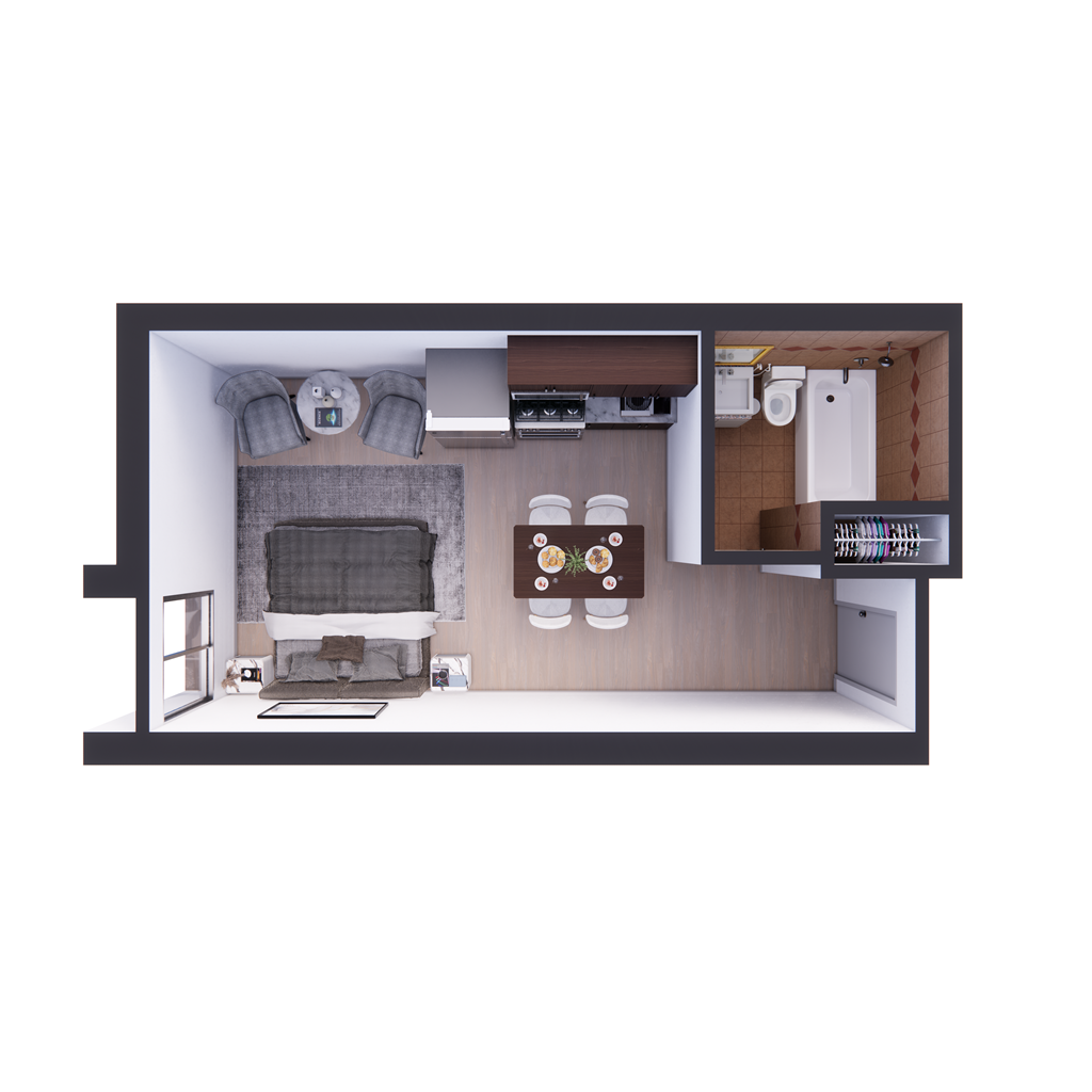 a small apartment with a kitchen and a living room at The Block at Sterling Heights, Michigan