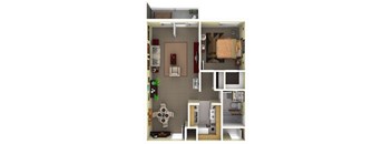 floorplan of a one-bedroom 1 bathroom unit with a balcony.