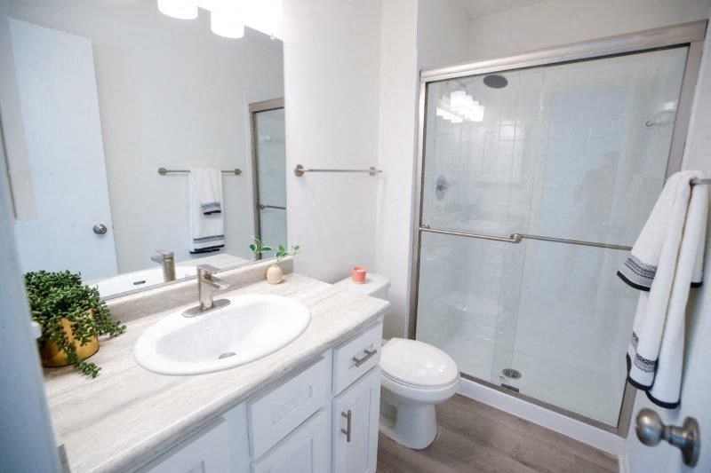 a bathroom with a sink toilet and a shower