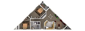 floorplan of a 2 bedroom 1 bath unit with a fireplace. This is a corner unit.