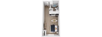 A small room with a bed, a toilet, a sink, and a small fridge.