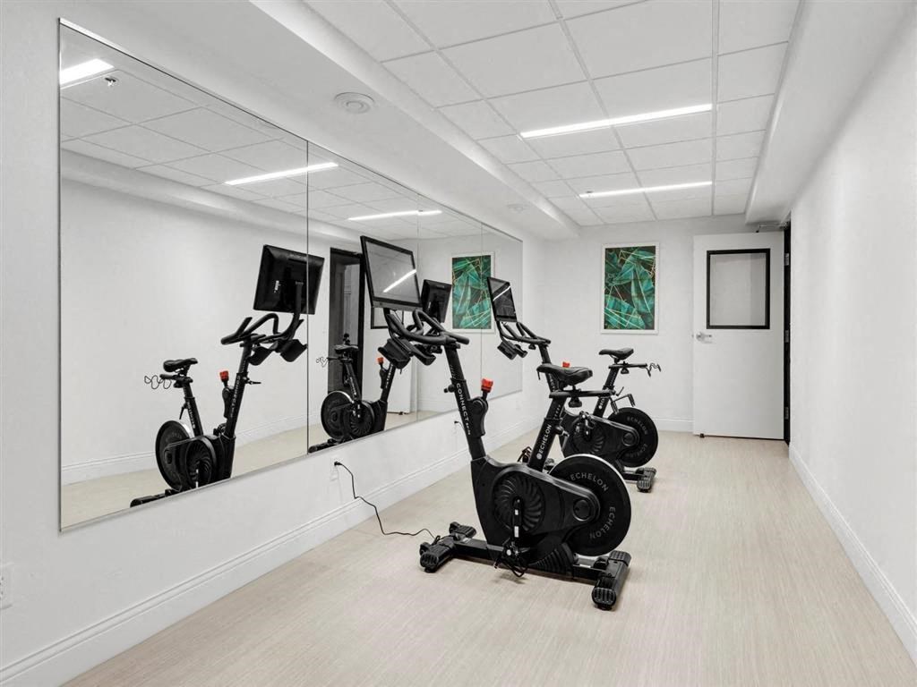 the gym is equipped with exercise bikes and mirrors