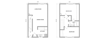 A floor plan of a house with a living room, dining room, kitchen, and two bedrooms.