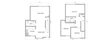 A floor plan of a two-bedroom apartment with a living room, kitchen, dining room, and bathroom.
