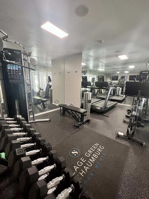 A gym with a row of dumbbells and a sign that says