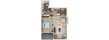 A floor plan of a small apartment with a bedroom, living room, kitchen, and bathroom.