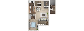 A floor plan of a house with a living room, kitchen, and bedrooms.