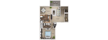 A floor plan of a small apartment with a living room, kitchen, bathroom, and bedroom.