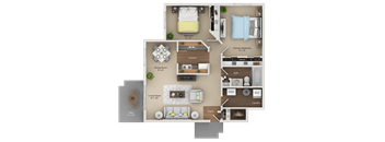 A floor plan of a small apartment with a living room, dining room, kitchen, and bedrooms.