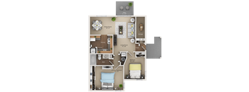 A floor plan of a small apartment with a living room, dining room, kitchen, and bathroom.