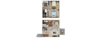 A floor plan of a small apartment with a bedroom, living room, kitchen, and bathroom.