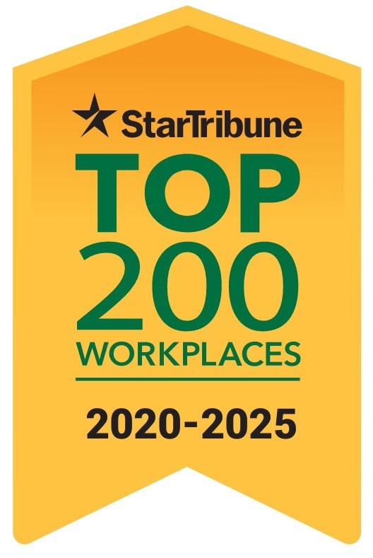 A yellow starburst badge with the StarTribune logo and the words "Top 200 Workplaces 2020-2025".