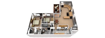 A 3D floor plan of a house showing the layout of the rooms.