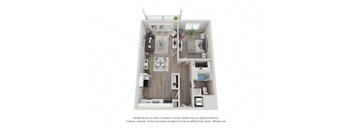A 3D floor plan of a small apartment with a kitchen, living room, and bedroom.