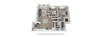 A 3D floor plan of a house with a kitchen, living room, and two bedrooms.