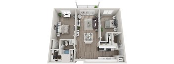 A top-down view of a small apartment with a living room, kitchen, and bedroom.