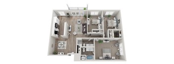 A 3D floor plan of a house with a kitchen, living room, and bathroom.