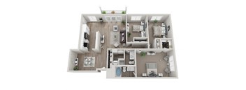 A 3D floor plan of a house with a kitchen, living room, dining room, and bathrooms.