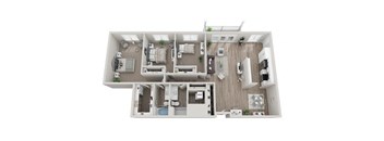 A floor plan of a house with a kitchen, living room, and bathrooms.