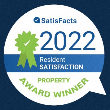 a blue and white speech bubble with the logo for the resident satisfaction award winners and