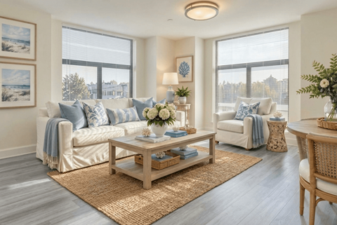 A living room with a white couch, a wooden coffee table, and a rug on the floor.