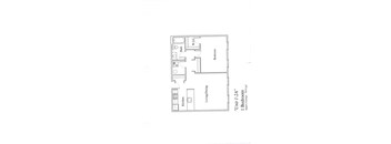 A floor plan of a one bedroom apartment with a living/dining area and a kitchen.
