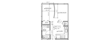 A floor plan of a small apartment with a bedroom, living room, kitchen, and bathroom.