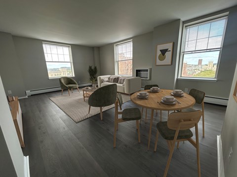 A dining room with a table set for six.