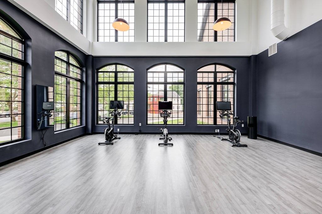 Fitness studio, bikes, interactive mirrors