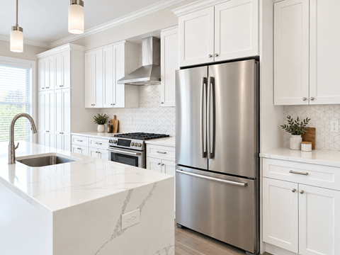 A modern kitchen with a stainless steel refrigerator and white cabinets.