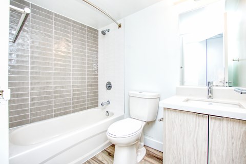 A white toilet sits next to a bathtub in a bathroom.