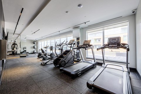 A gym with treadmills and other exercise equipment.