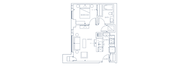 A floor plan of a small apartment with a bedroom, bathroom, living room, kitchen, and entry.