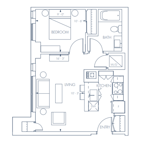 A floor plan of a small apartment with a bedroom, bathroom, living room, kitchen, and entry.