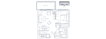 A floor plan of a two-level apartment with a balcony, living room, kitchen, bathroom, and bedroom.
