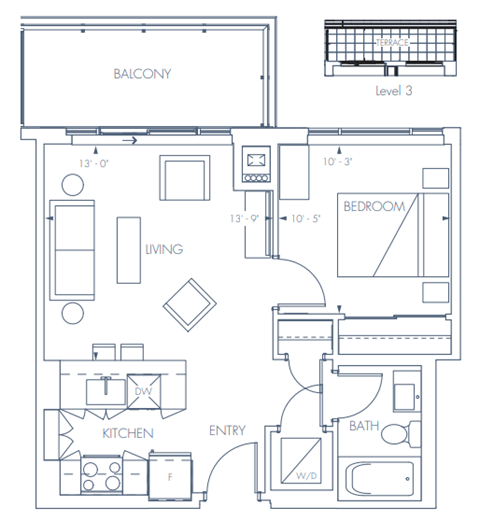 A floor plan of a two-level apartment with a balcony, living room, kitchen, bathroom, and bedroom.