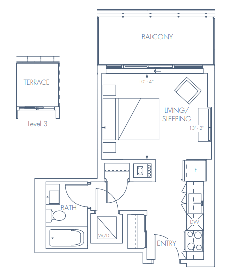 A floor plan of a balcony, terrace, and bathroom.